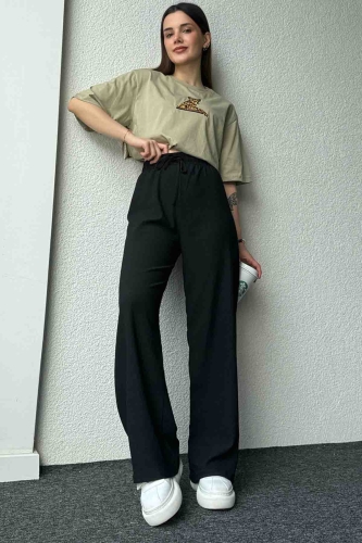 PNT-07383 Siyah İpli Lastikli Bürümcük Kumaş Salaş Pantolon - 5