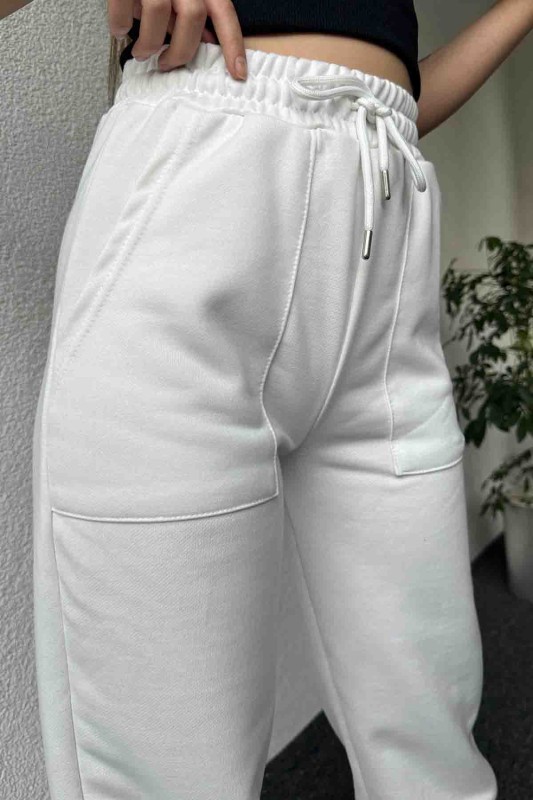 PNT-07387 Beyaz Paça Çıtçıt Detaylı Lastikli Jogger Pantolon - 3