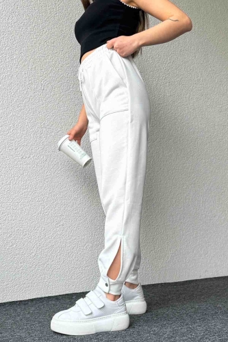 PNT-07387 Beyaz Paça Çıtçıt Detaylı Lastikli Jogger Pantolon - 2
