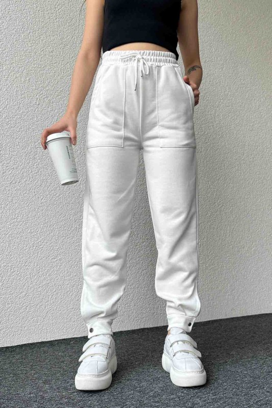 PNT-07387 Beyaz Paça Çıtçıt Detaylı Lastikli Jogger Pantolon - 5