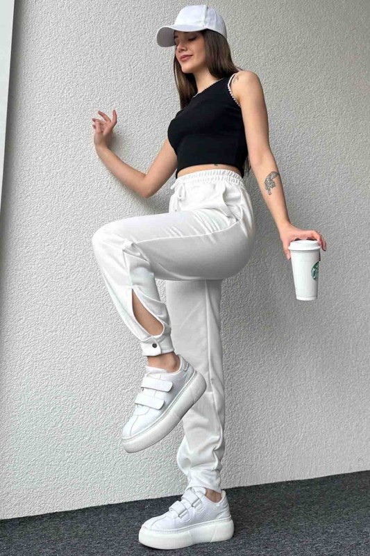 PNT-07387 Beyaz Paça Çıtçıt Detaylı Lastikli Jogger Pantolon - 1