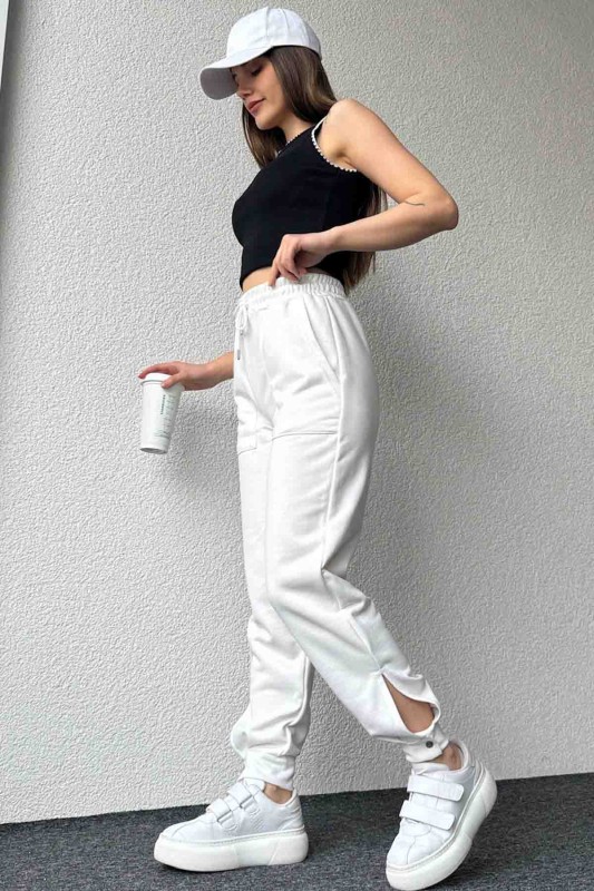 PNT-07387 Beyaz Paça Çıtçıt Detaylı Lastikli Jogger Pantolon - 6