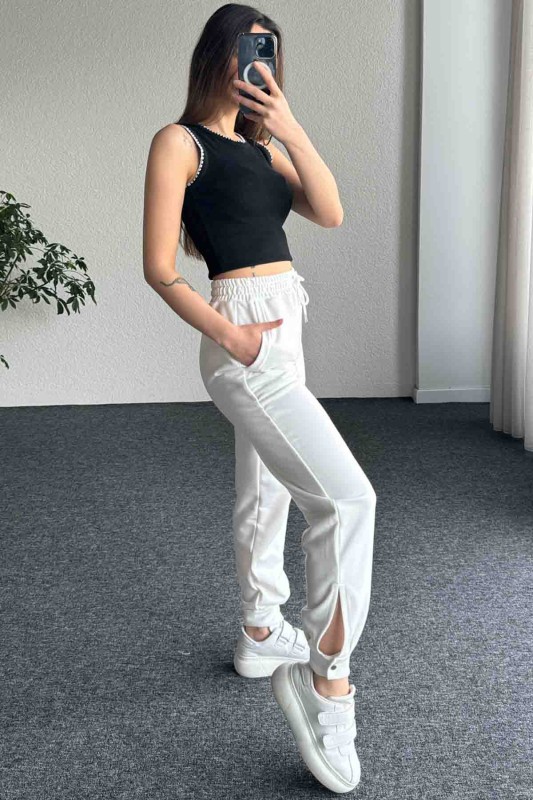 PNT-07387 Beyaz Paça Çıtçıt Detaylı Lastikli Jogger Pantolon - 7