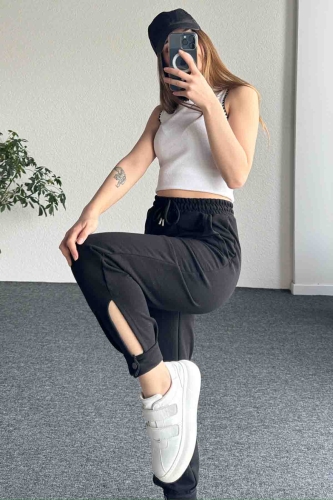PNT-07387 Siyah Paça Çıtçıt Detaylı Lastikli Jogger Pantolon - 5