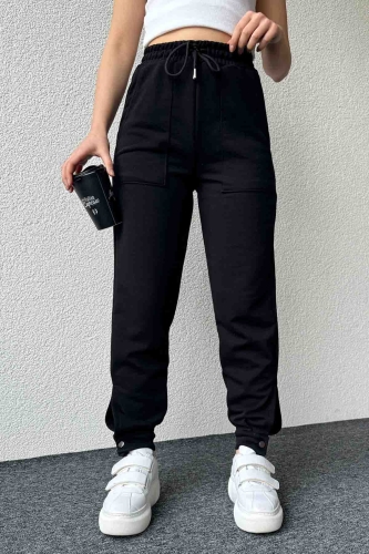 PNT-07387 Siyah Paça Çıtçıt Detaylı Lastikli Jogger Pantolon - 2