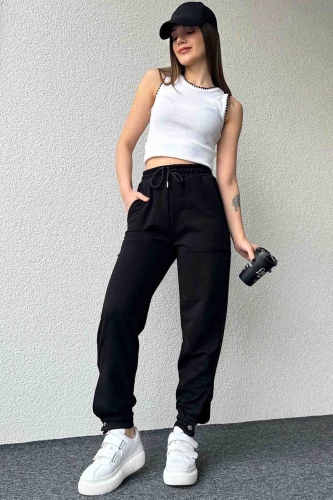 PNT-07387 Siyah Paça Çıtçıt Detaylı Lastikli Jogger Pantolon - 7