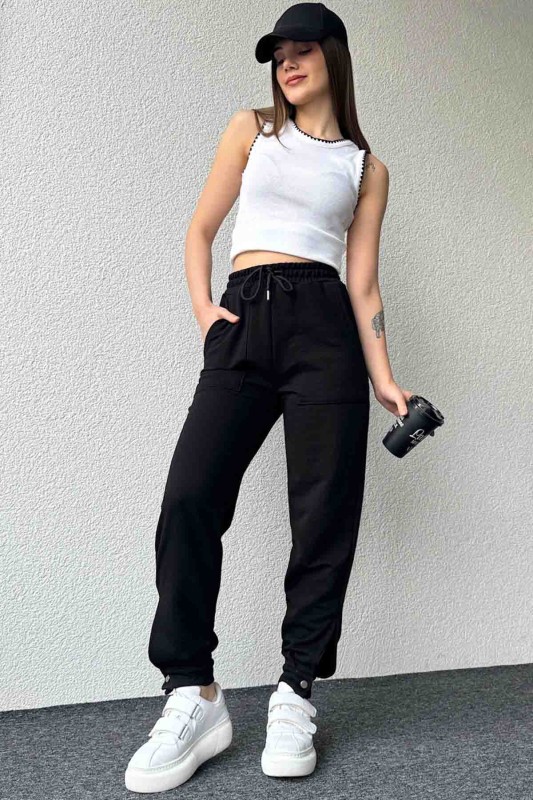 PNT-07387 Siyah Paça Çıtçıt Detaylı Lastikli Jogger Pantolon - 7