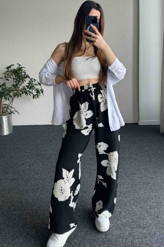 PNT-07388 Siyah Beyaz Büyük Çiçekli Salaş Lastikli Pantolon - 4