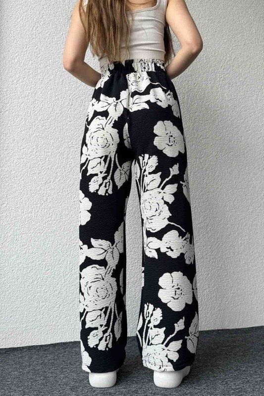 PNT-07388 Siyah Beyaz Büyük Çiçekli Salaş Lastikli Pantolon - 7