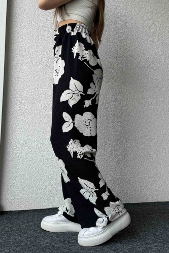 PNT-07388 Siyah Beyaz Büyük Çiçekli Salaş Lastikli Pantolon - 5