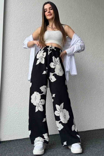 PNT-07388 Siyah Beyaz Büyük Çiçekli Salaş Lastikli Pantolon - 1