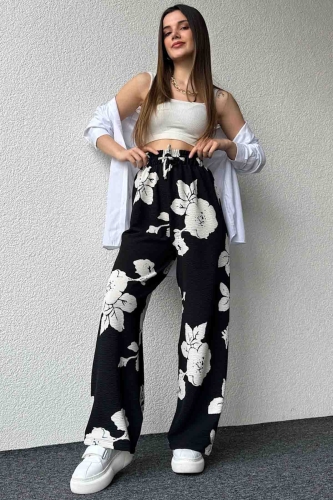 PNT-07388 Siyah Beyaz Büyük Çiçekli Salaş Lastikli Pantolon - 6