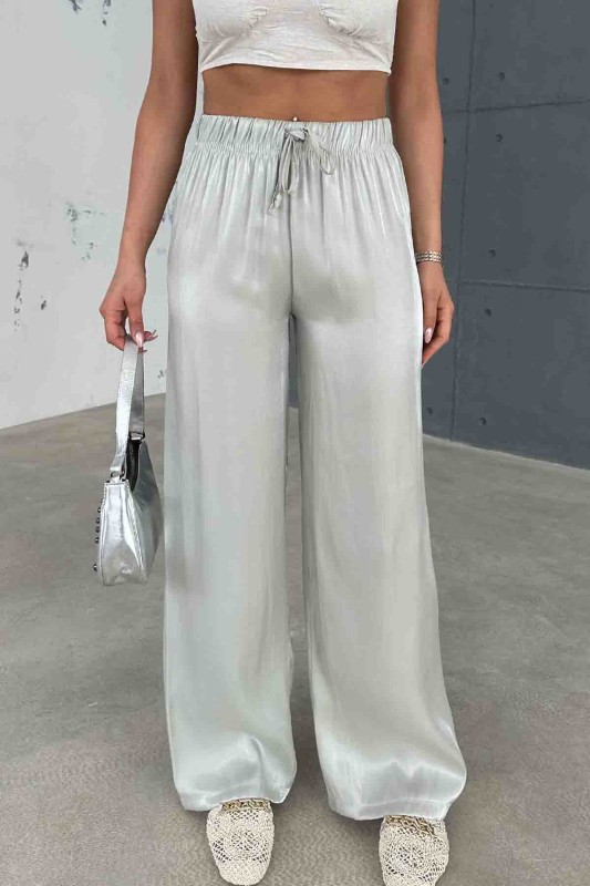 PNT-07395 Gri Saten Kumaş Bel Lastikli Palazzo Pantolon - 2