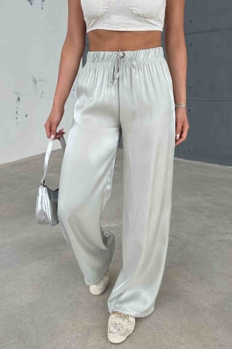 PNT-07395 Gri Saten Kumaş Bel Lastikli Palazzo Pantolon - 3