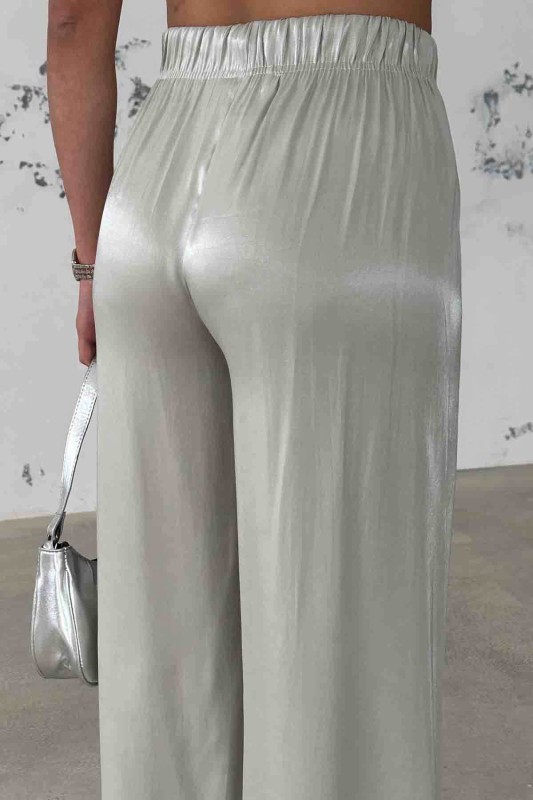 PNT-07395 Gri Saten Kumaş Bel Lastikli Palazzo Pantolon - 4