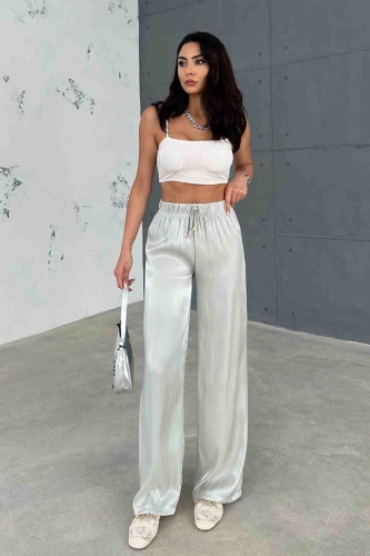 PNT-07395 Gri Saten Kumaş Bel Lastikli Palazzo Pantolon - 1