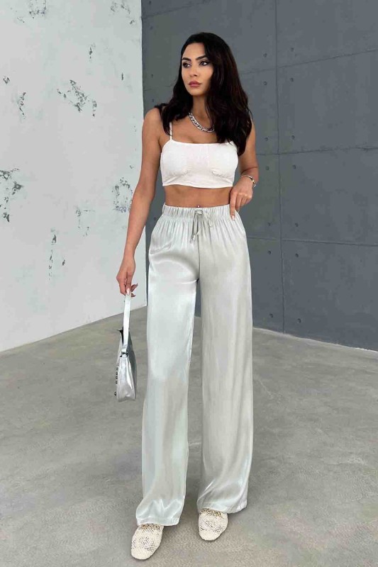 PNT-07395 Gri Saten Kumaş Bel Lastikli Palazzo Pantolon - 1