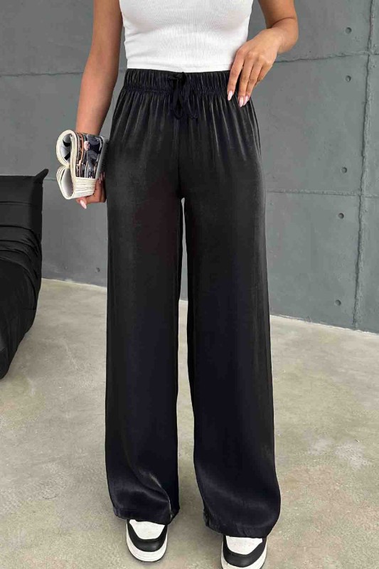 PNT-07395 Siyah Saten Kumaş Bel Lastikli Palazzo Pantolon - 2