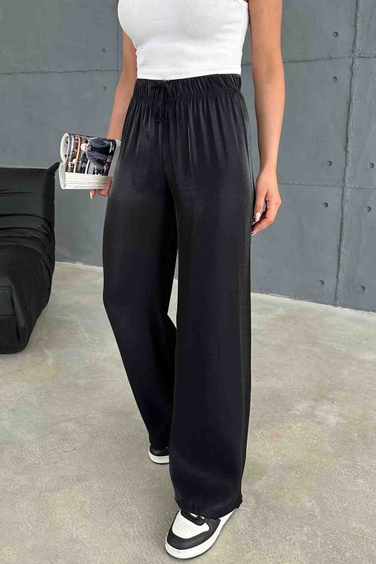 PNT-07395 Siyah Saten Kumaş Bel Lastikli Palazzo Pantolon - 3