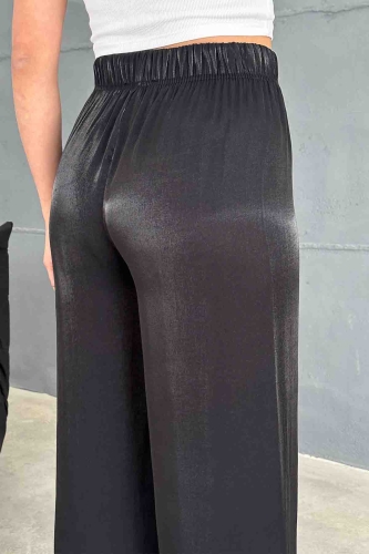 PNT-07395 Siyah Saten Kumaş Bel Lastikli Palazzo Pantolon - 4