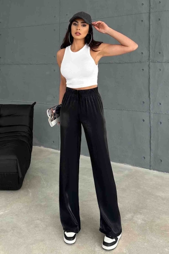 PNT-07395 Siyah Saten Kumaş Bel Lastikli Palazzo Pantolon - 1