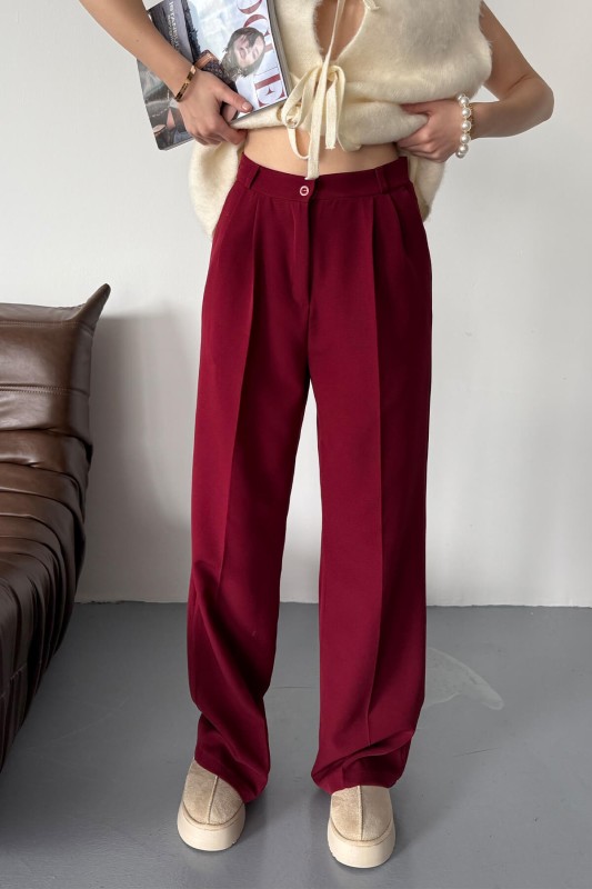 PNT-07397 Bordo Atlas Kumaş Palazzo Yüksek Bel Pantolon - 1