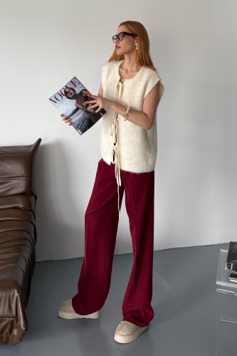 PNT-07397 Bordo Atlas Kumaş Palazzo Yüksek Bel Pantolon - Cappmoda (1)