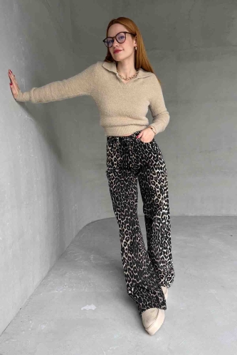 PNT-07402 Leopar Desenli Kot Kumaş Yüksek Bel Palazzo Pantolon - Cappmoda