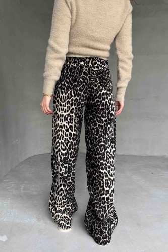 PNT-07402 Leopar Desenli Kot Kumaş Yüksek Bel Palazzo Pantolon - 3