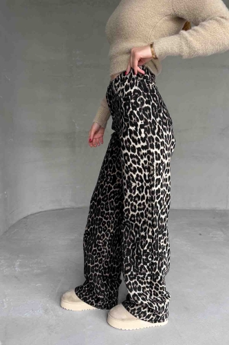 PNT-07402 Leopar Desenli Kot Kumaş Yüksek Bel Palazzo Pantolon - Cappmoda (1)