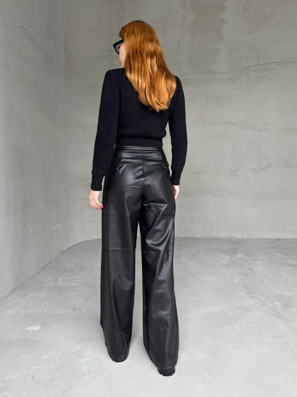 PNT-07403 Siyah Bel Çıtçıtlı Suni Deri Palazzo Pantolon - 3