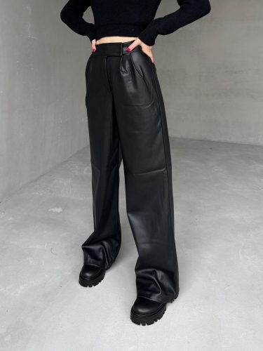 PNT-07403 Siyah Bel Çıtçıtlı Suni Deri Palazzo Pantolon - Cappmoda