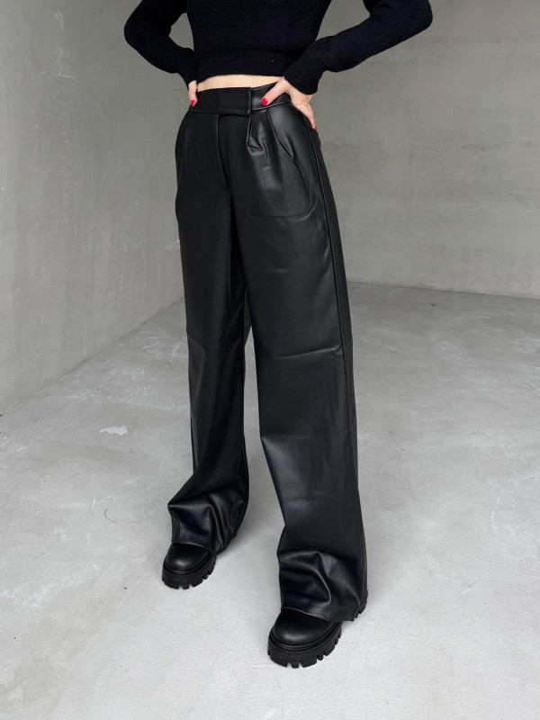 PNT-07403 Siyah Bel Çıtçıtlı Suni Deri Palazzo Pantolon - 1