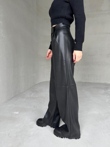 PNT-07403 Siyah Bel Çıtçıtlı Suni Deri Palazzo Pantolon - Cappmoda (1)