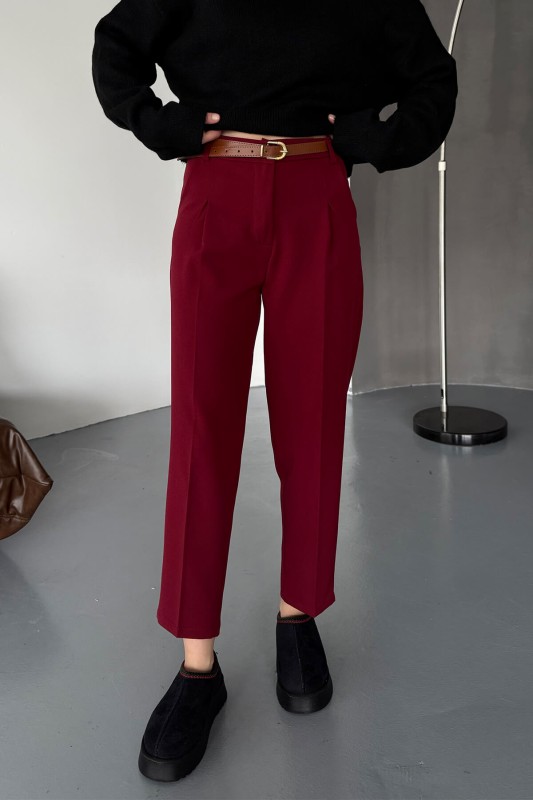 PNT-07404 Bordo Kemerli Havuç Model Atlas Kumaş Pantolon - 1