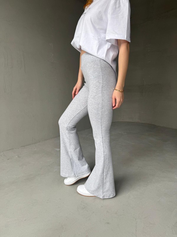 PNT-07405 Gri Bel Lastikli Ribana Kumaş İspanyol Paça Pantolon - 2