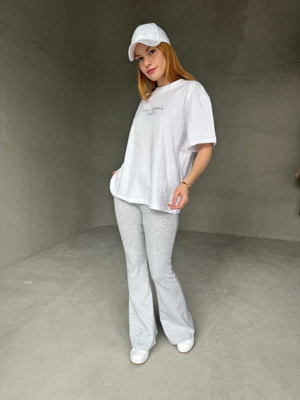 PNT-07405 Gri Bel Lastikli Ribana Kumaş İspanyol Paça Pantolon - 3