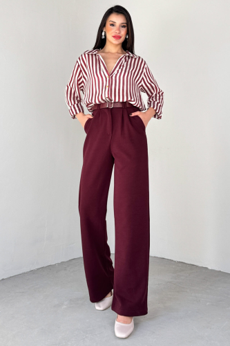 PNT-07406 Bordo Kemerli Pile Detaylı Örme Palazzo Pantolon - Cappmoda