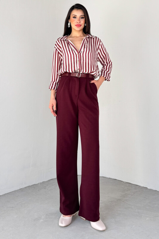 PNT-07406 Bordo Kemerli Pile Detaylı Örme Palazzo Pantolon - 4