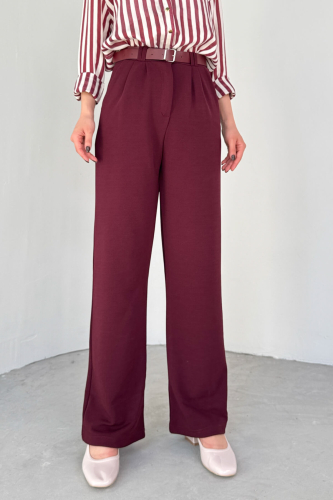 PNT-07406 Bordo Kemerli Pile Detaylı Örme Palazzo Pantolon - 2