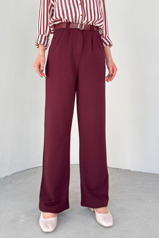 PNT-07406 Bordo Kemerli Pile Detaylı Örme Palazzo Pantolon - 2