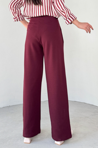 PNT-07406 Bordo Kemerli Pile Detaylı Örme Palazzo Pantolon - 3