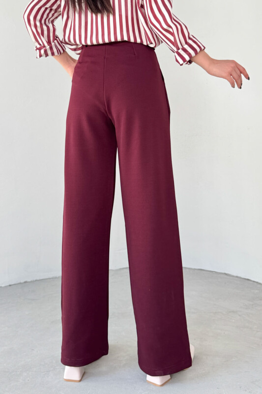 PNT-07406 Bordo Kemerli Pile Detaylı Örme Palazzo Pantolon - 3