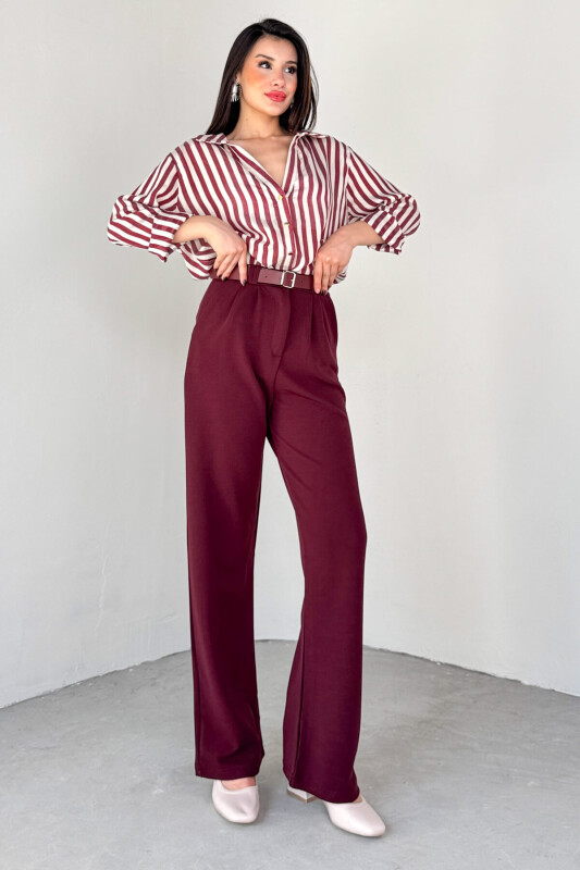 PNT-07406 Bordo Kemerli Pile Detaylı Örme Palazzo Pantolon - 5