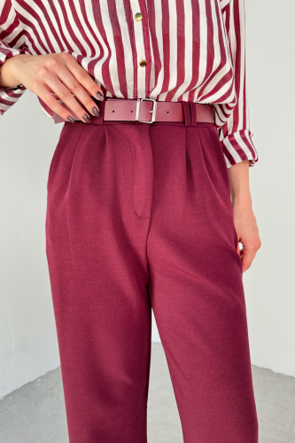 PNT-07406 Bordo Kemerli Pile Detaylı Örme Palazzo Pantolon - 6