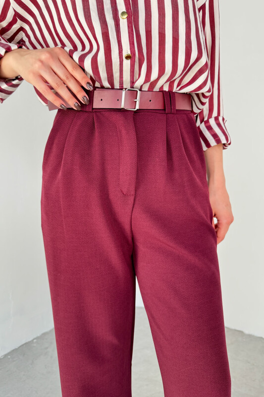 PNT-07406 Bordo Kemerli Pile Detaylı Örme Palazzo Pantolon - 6