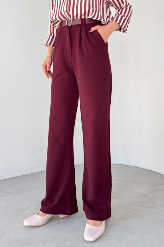 PNT-07406 Bordo Kemerli Pile Detaylı Örme Palazzo Pantolon - 7