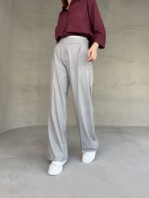 PNT-07407 Gri Bel Tasarım Detay Crep Kumaş Palazzo Pantrolon - 2