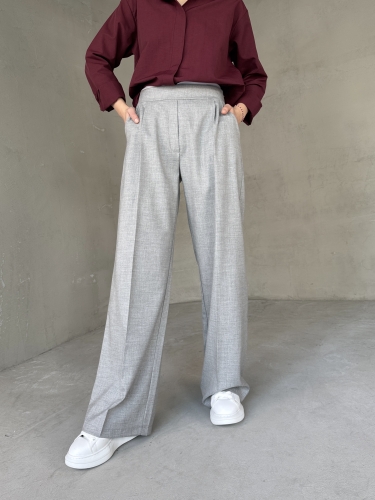 PNT-07407 Gri Bel Tasarım Detay Crep Kumaş Palazzo Pantrolon - Cappmoda