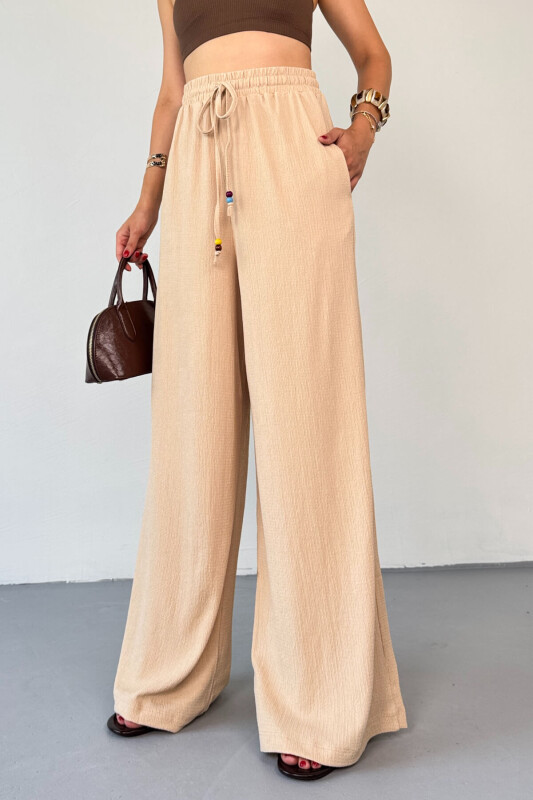 PNT-07408 Bej Bürümcük Kumaş İp Boncuklu Salaş Pantolon - 2